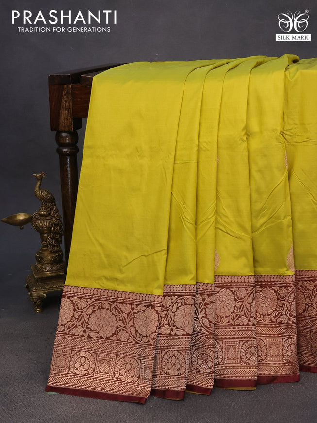 Pure banarasi katan silk saree lime yellow and maroon with zari woven buttas and floral zari woven border