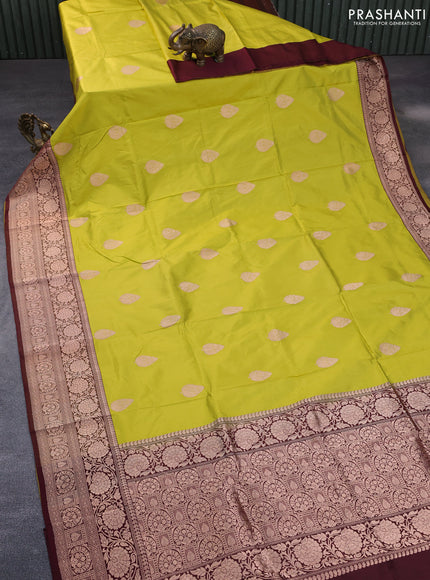 Pure banarasi katan silk saree lime yellow and maroon with zari woven buttas and floral zari woven border