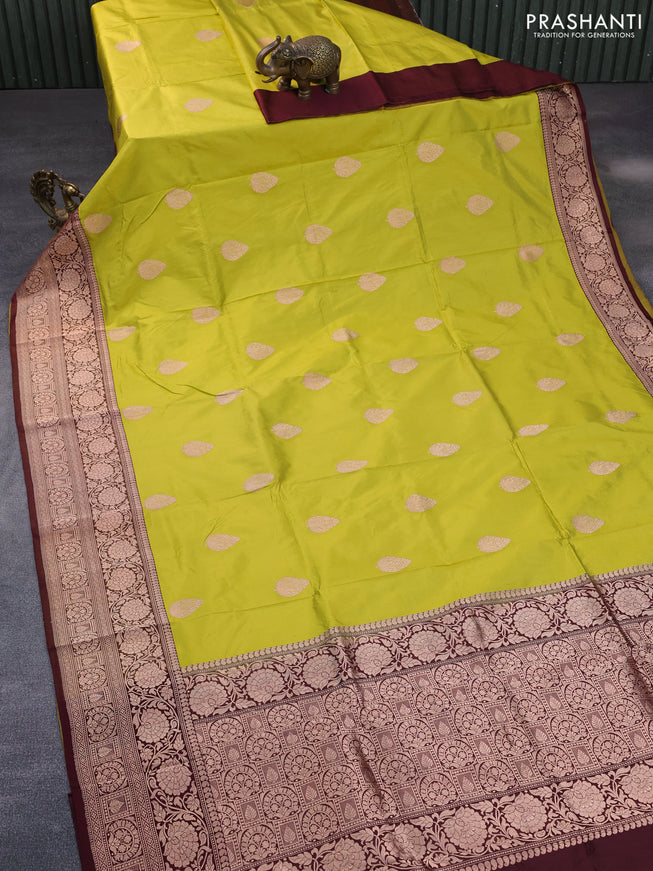 Pure banarasi katan silk saree lime yellow and maroon with zari woven buttas and floral zari woven border