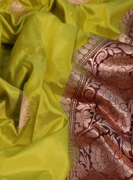 Pure banarasi katan silk saree lime yellow and maroon with zari woven buttas and floral zari woven border