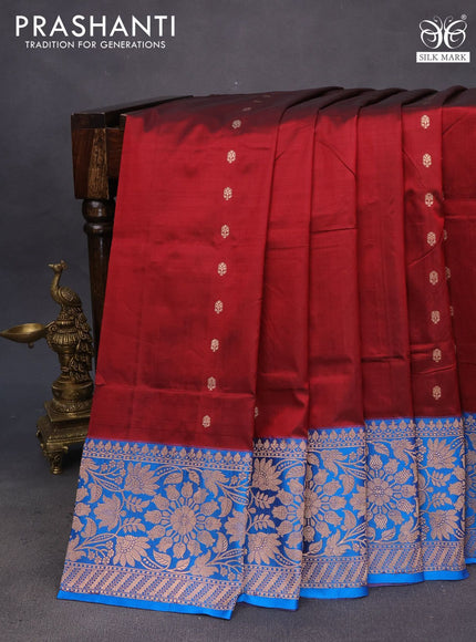 Pure banarasi katan silk saree maroon and cs blue with allover zari woven buttas and floral zari woven border