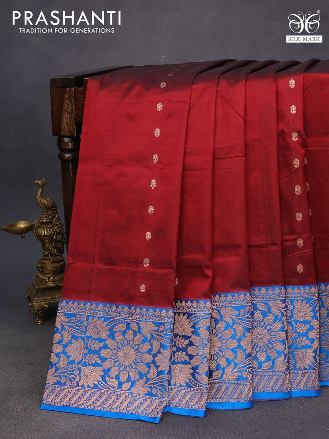 Pure banarasi katan silk saree maroon and cs blue with allover zari woven buttas and floral zari woven border