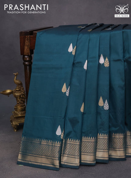 Pure banarasi katan silk saree dark peacock green with silver & gold zari woven buttas and zari woven border