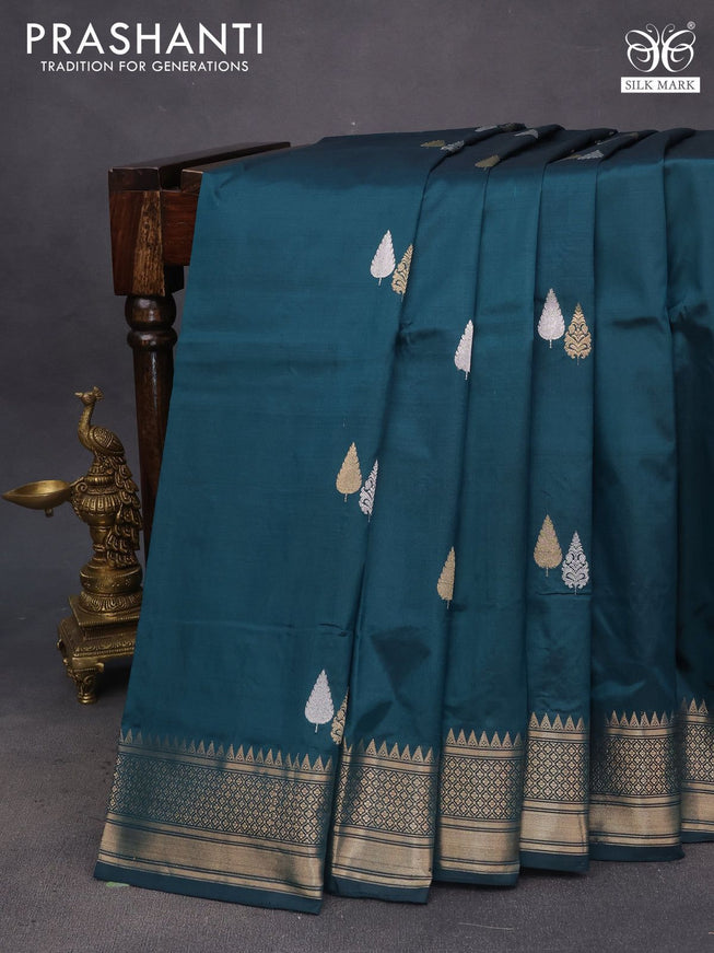 Pure banarasi katan silk saree dark peacock green with silver & gold zari woven buttas and zari woven border