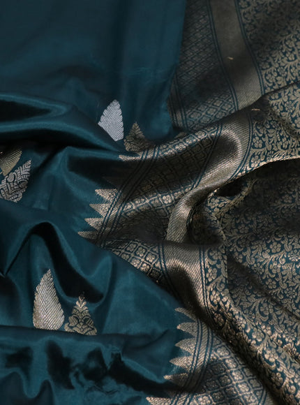 Pure banarasi katan silk saree dark peacock green with silver & gold zari woven buttas and zari woven border