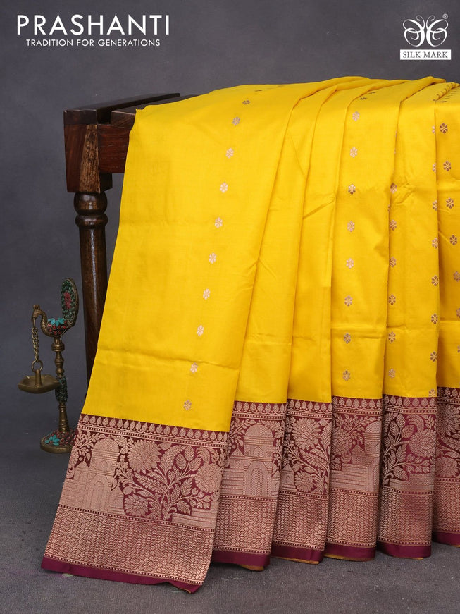 Pure banarasi katan silk saree yellow and wine shade with copper zari woven floral buttas and zari woven border