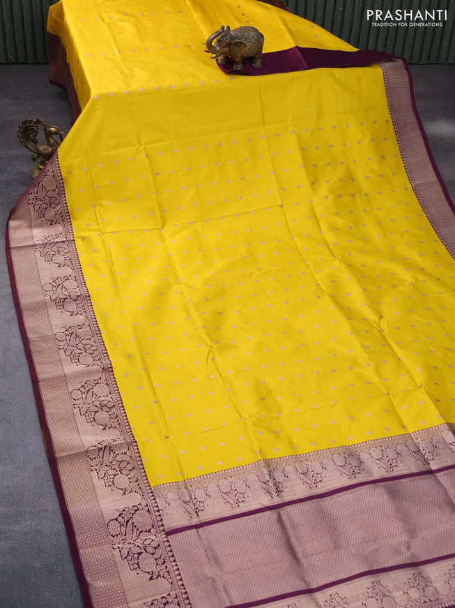 Pure banarasi katan silk saree yellow and wine shade with copper zari woven floral buttas and zari woven border