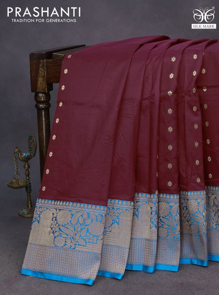 Pure banarasi katan silk saree maroon and cs blue with copper zari woven floral buttas and copper zari woven border