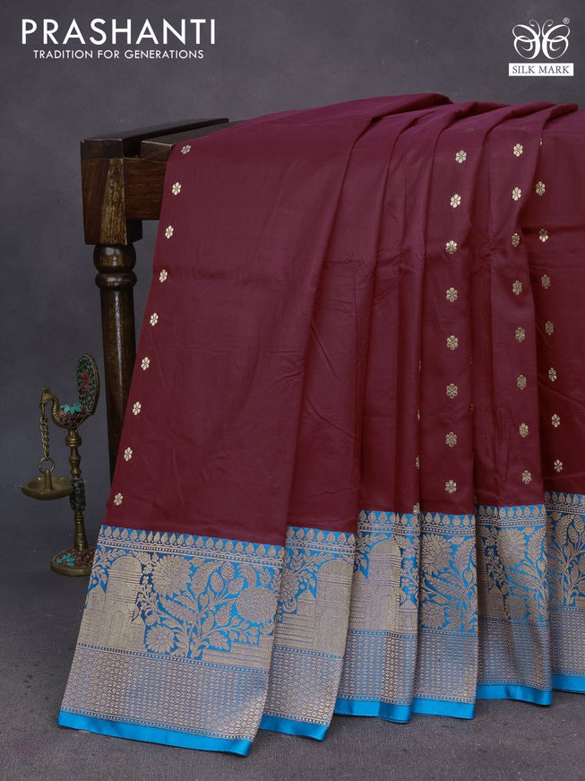 Pure banarasi katan silk saree maroon and cs blue with copper zari woven floral buttas and copper zari woven border