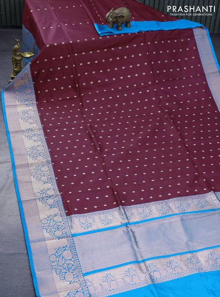 Pure banarasi katan silk saree maroon and cs blue with copper zari woven floral buttas and copper zari woven border