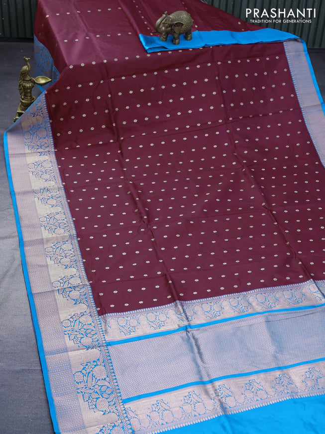 Pure banarasi katan silk saree maroon and cs blue with copper zari woven floral buttas and copper zari woven border