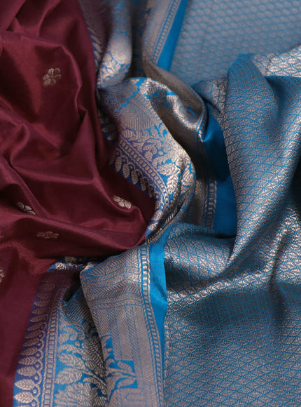 Pure banarasi katan silk saree maroon and cs blue with copper zari woven floral buttas and copper zari woven border