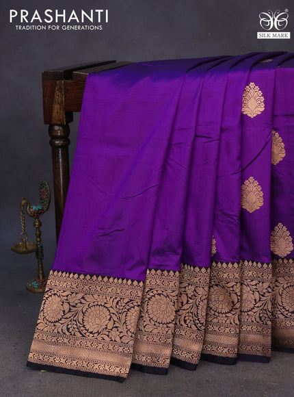 Pure banarasi katan silk saree violet and black with copper zari woven floral buttas and copper zari woven border