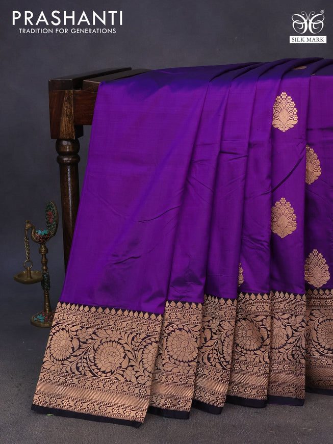 Pure banarasi katan silk saree violet and black with copper zari woven floral buttas and copper zari woven border