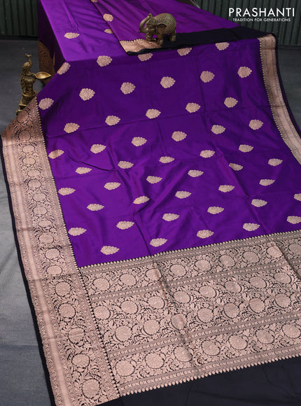 Pure banarasi katan silk saree violet and black with copper zari woven floral buttas and copper zari woven border