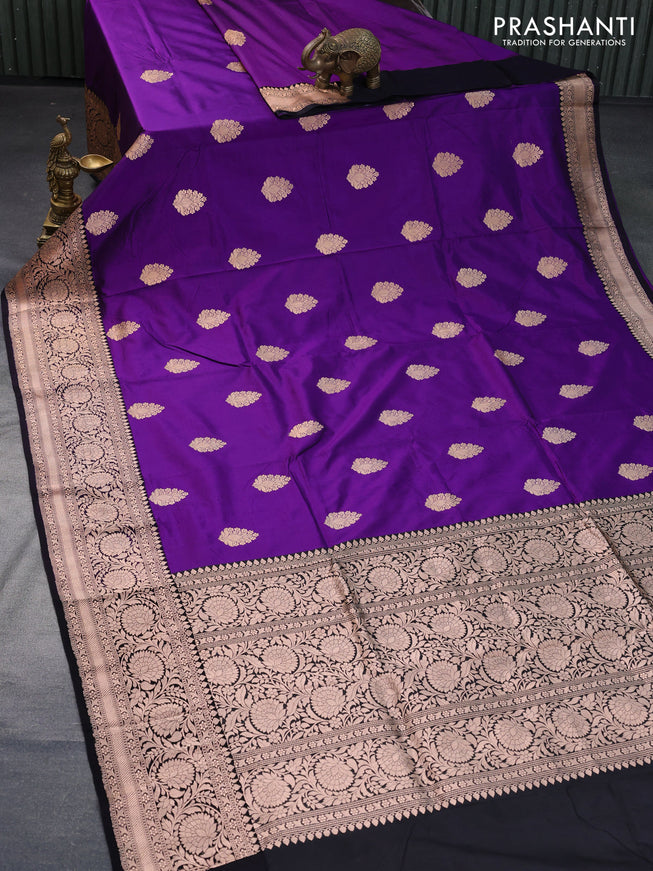 Pure banarasi katan silk saree violet and black with copper zari woven floral buttas and copper zari woven border