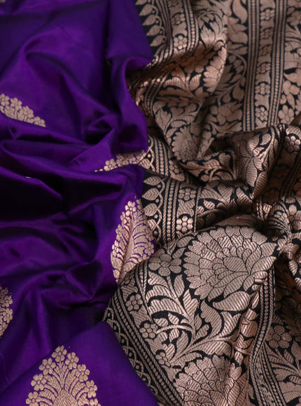 Pure banarasi katan silk saree violet and black with copper zari woven floral buttas and copper zari woven border