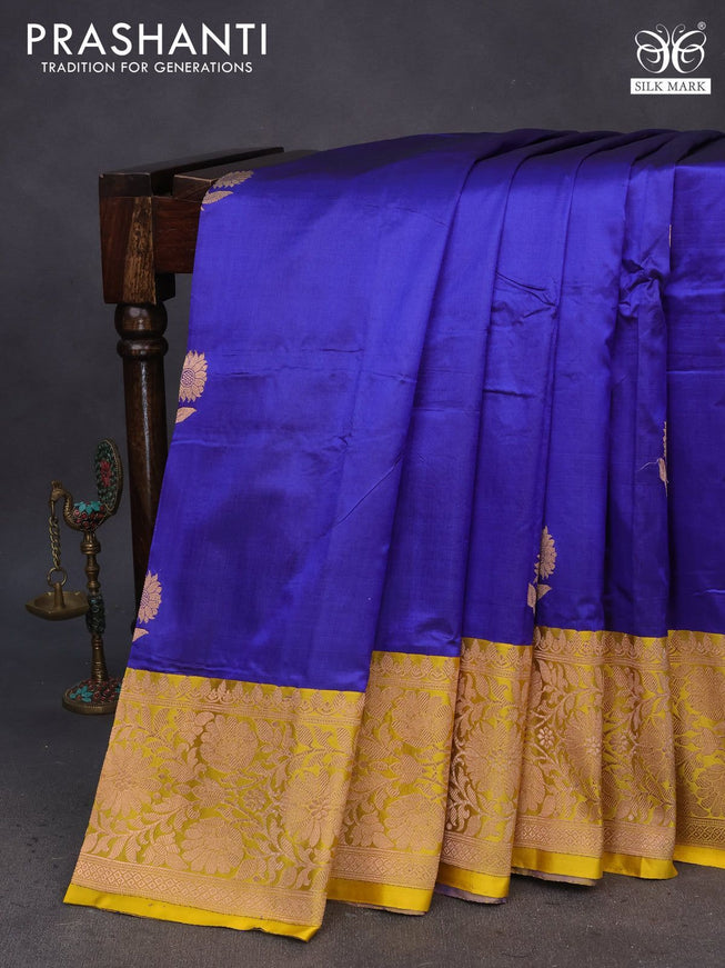 Pure banarasi katan silk saree blue and yellow with copper zari woven floral buttas and copper zari woven border