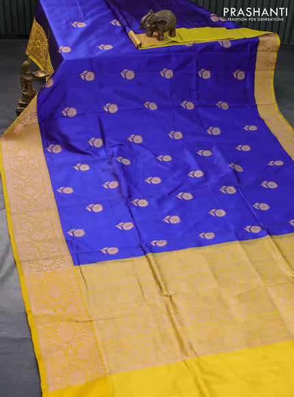 Pure banarasi katan silk saree blue and yellow with copper zari woven floral buttas and copper zari woven border