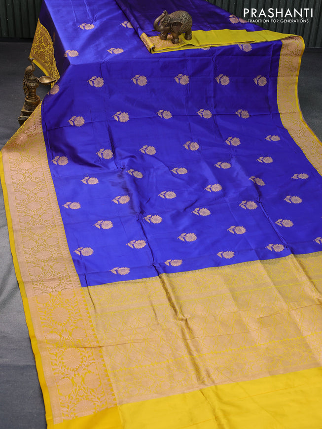 Pure banarasi katan silk saree blue and yellow with copper zari woven floral buttas and copper zari woven border