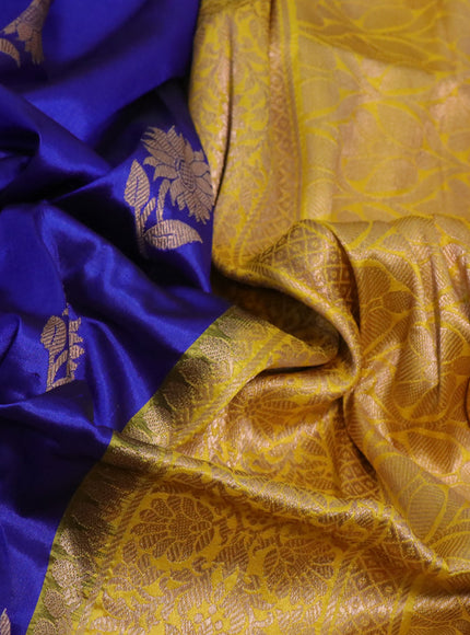 Pure banarasi katan silk saree blue and yellow with copper zari woven floral buttas and copper zari woven border