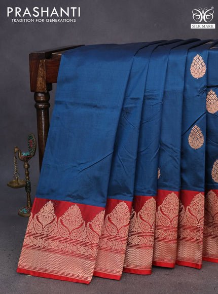 Pure banarasi katan silk saree peacock blue and red with copper zari woven floral buttas and copper zari woven border