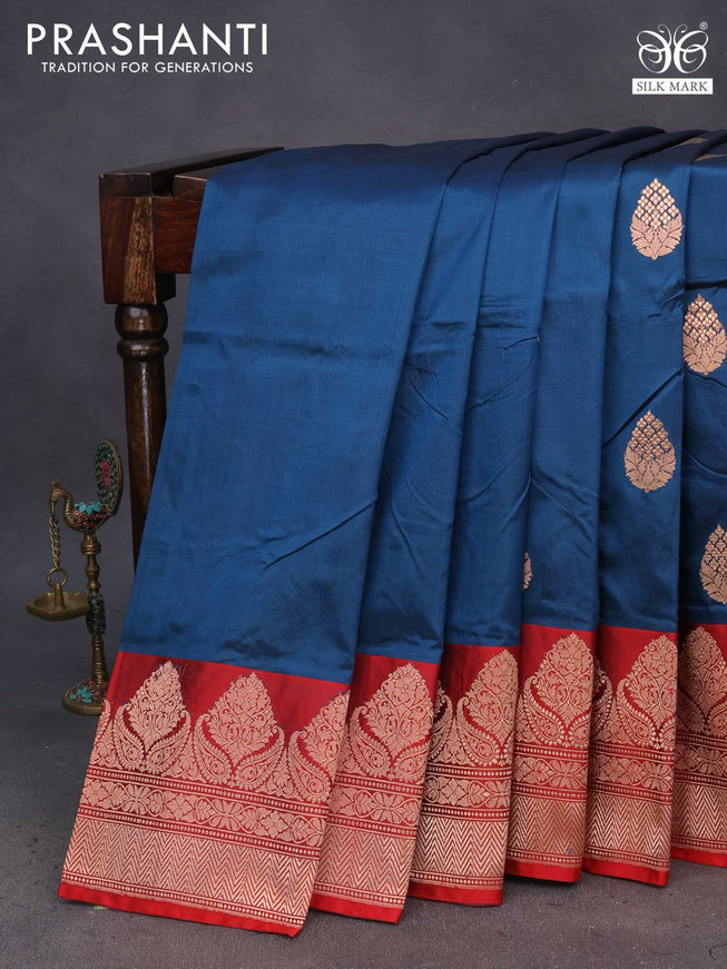 Pure banarasi katan silk saree peacock blue and red with copper zari woven floral buttas and copper zari woven border