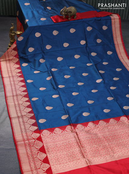 Pure banarasi katan silk saree peacock blue and red with copper zari woven floral buttas and copper zari woven border