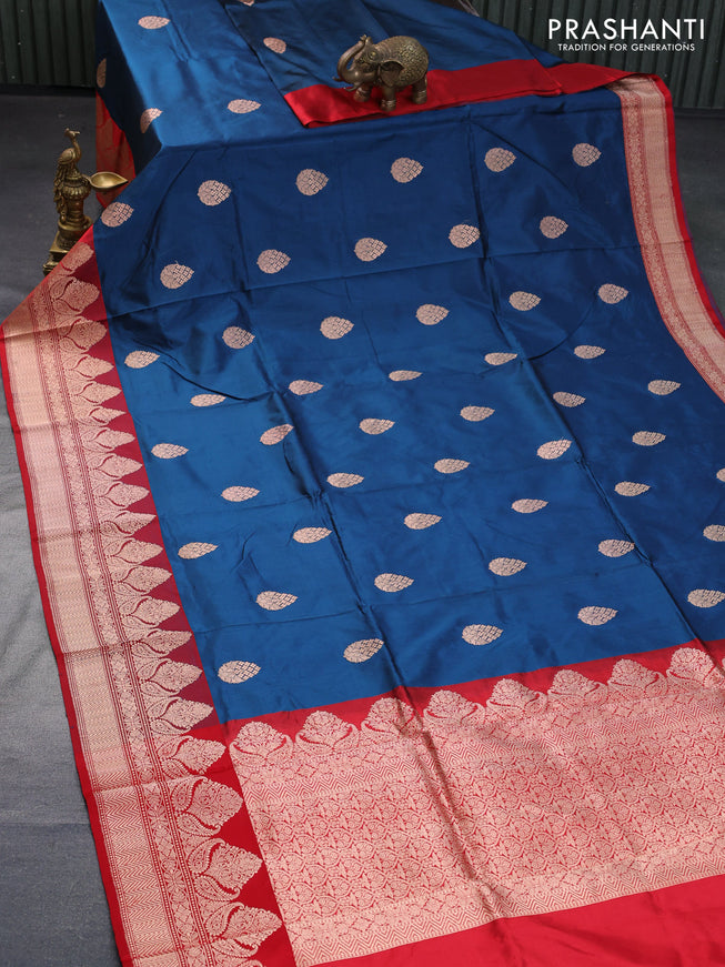 Pure banarasi katan silk saree peacock blue and red with copper zari woven floral buttas and copper zari woven border