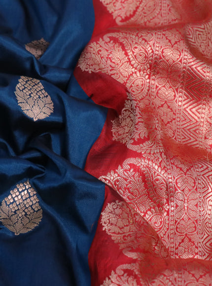 Pure banarasi katan silk saree peacock blue and red with copper zari woven floral buttas and copper zari woven border