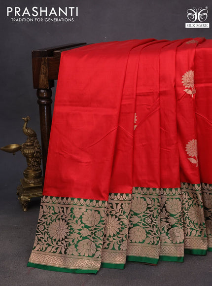 Pure banarasi katan silk saree red and green with copper zari woven floral buttas and copper zari woven border