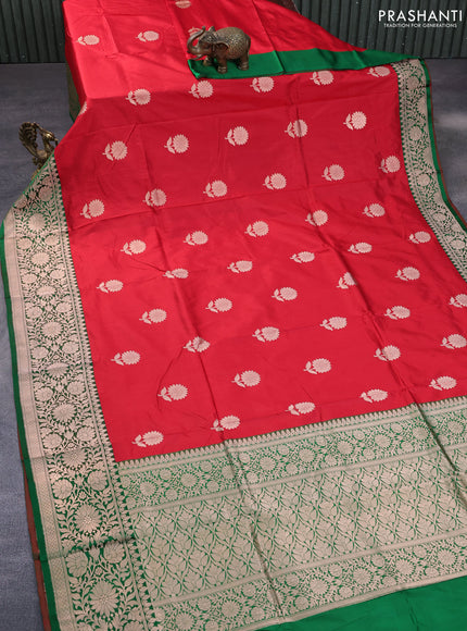 Pure banarasi katan silk saree red and green with copper zari woven floral buttas and copper zari woven border