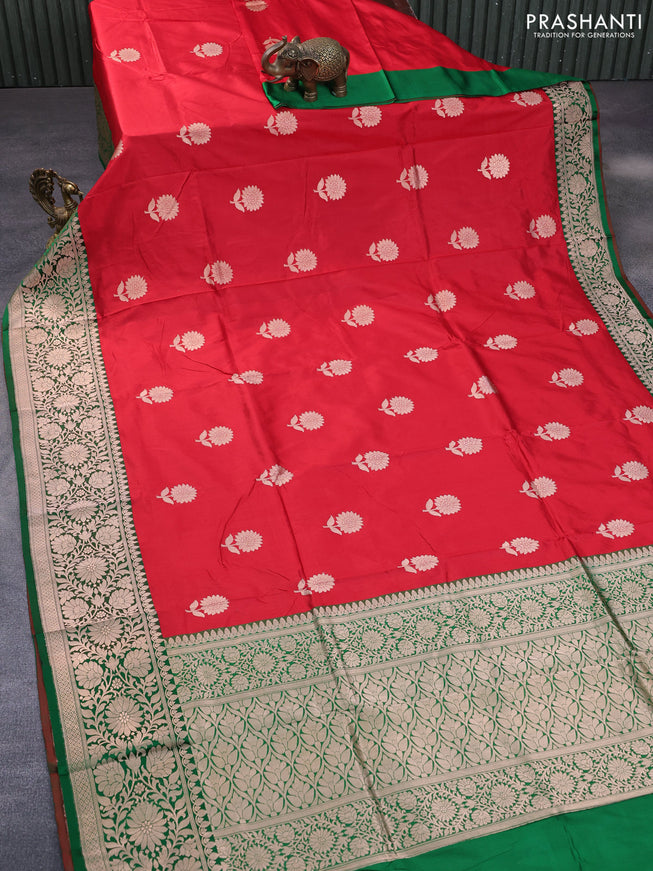 Pure banarasi katan silk saree red and green with copper zari woven floral buttas and copper zari woven border