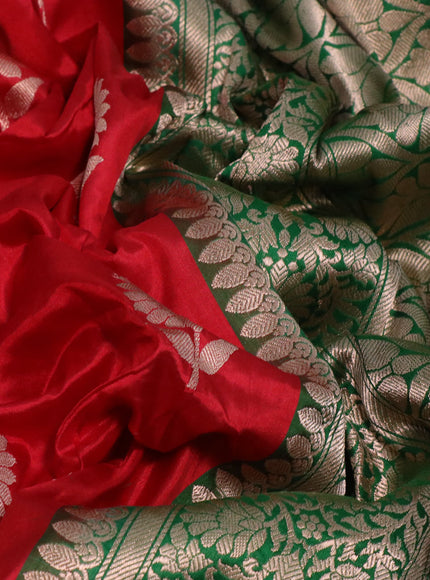 Pure banarasi katan silk saree red and green with copper zari woven floral buttas and copper zari woven border