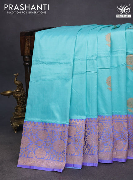 Pure banarasi katan silk saree teal blue and lavender shade with copper zari woven floral buttas and copper zari woven border