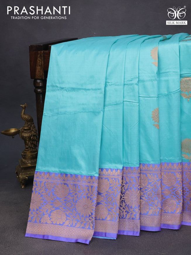 Pure banarasi katan silk saree teal blue and lavender shade with copper zari woven floral buttas and copper zari woven border