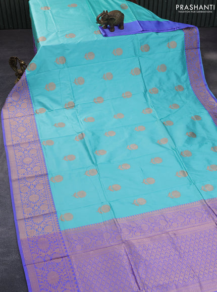 Pure banarasi katan silk saree teal blue and lavender shade with copper zari woven floral buttas and copper zari woven border