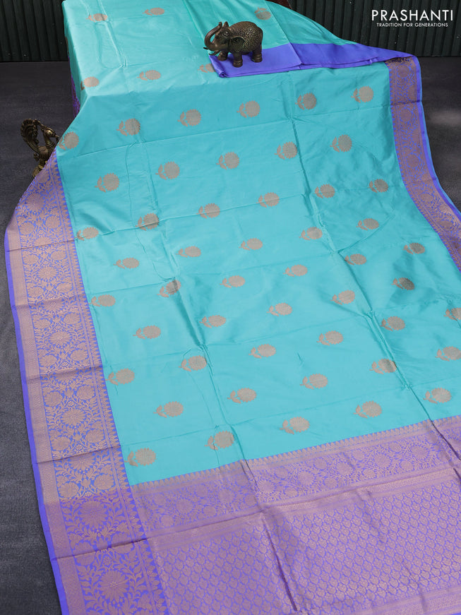 Pure banarasi katan silk saree teal blue and lavender shade with copper zari woven floral buttas and copper zari woven border