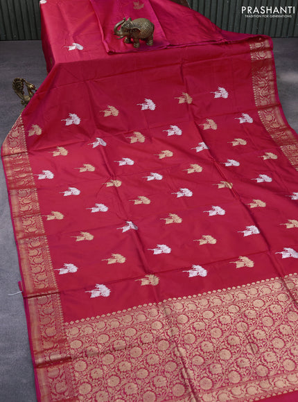 Pure banarasi katan silk saree pink with silver & gold zari woven floral buttas and zari woven floral border