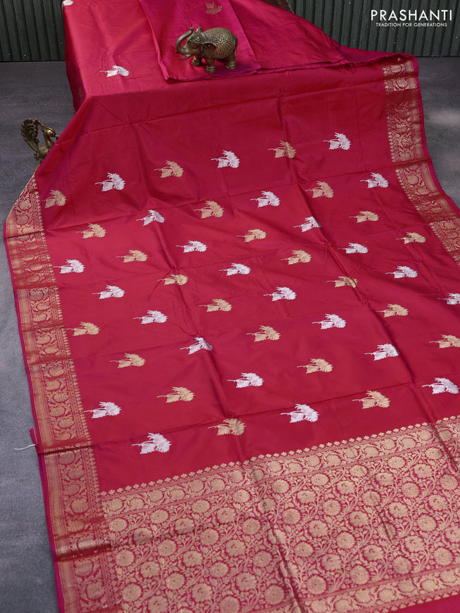 Pure banarasi katan silk saree pink with silver & gold zari woven floral buttas and zari woven floral border