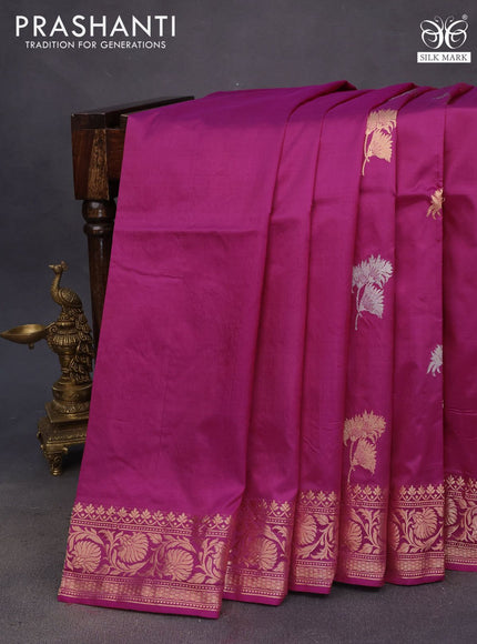 Pure banarasi katan silk saree magenta pink with silver & gold zari woven floral buttas and zari woven floral border