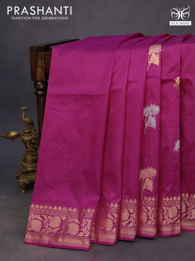 Pure banarasi katan silk saree magenta pink with silver & gold zari woven floral buttas and zari woven floral border