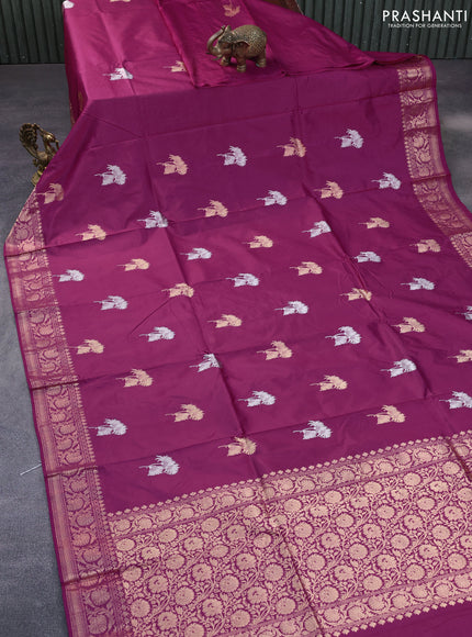 Pure banarasi katan silk saree magenta pink with silver & gold zari woven floral buttas and zari woven floral border