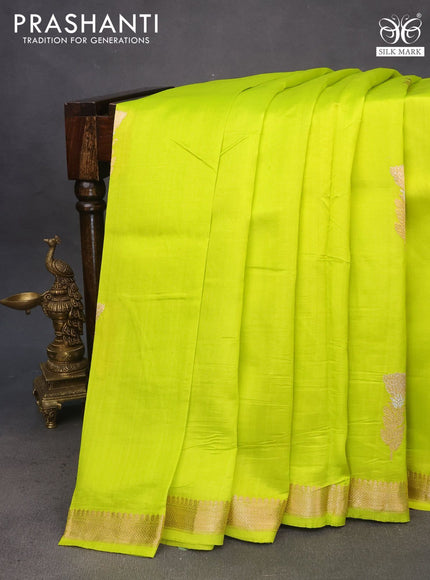 Pure banarasi katan silk saree fluorescent green with zari woven floral buttas and zari woven border