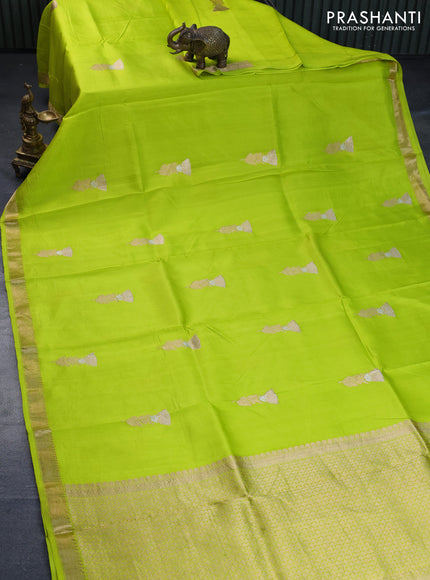 Pure banarasi katan silk saree fluorescent green with zari woven floral buttas and zari woven border