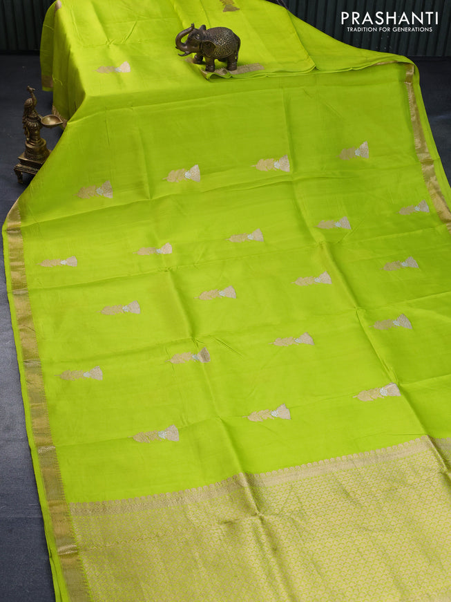 Pure banarasi katan silk saree fluorescent green with zari woven floral buttas and zari woven border