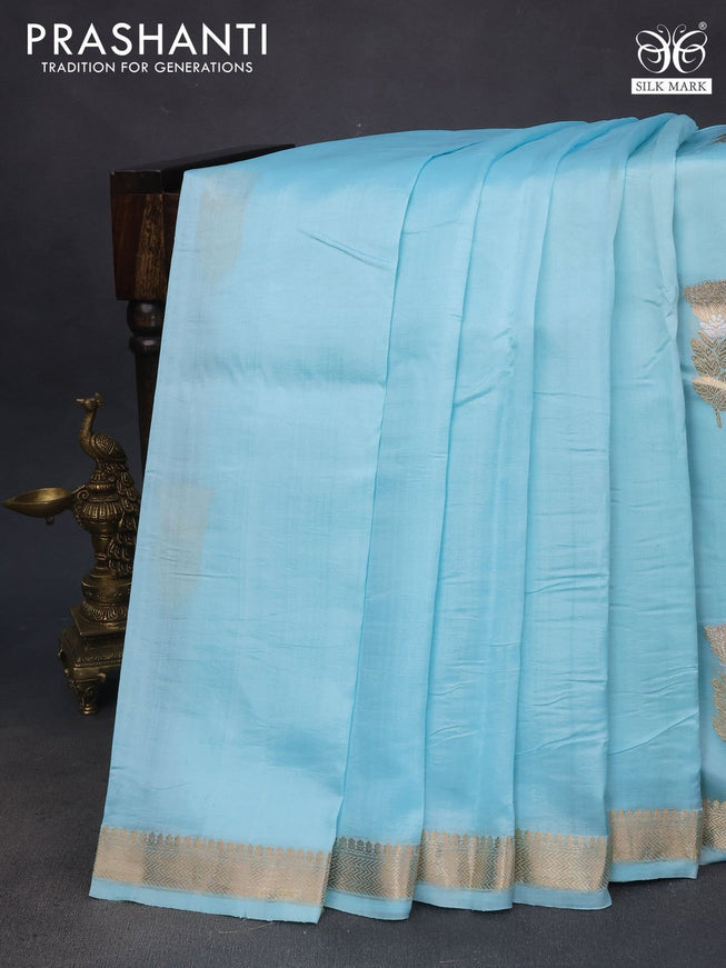 Pure banarasi katan silk saree light blue with zari woven floral buttas and zari woven border