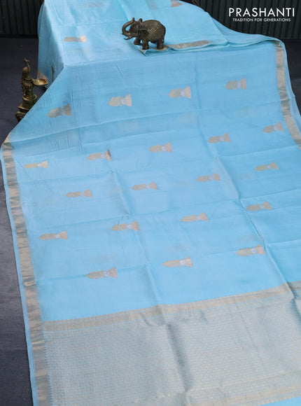 Pure banarasi katan silk saree light blue with zari woven floral buttas and zari woven border