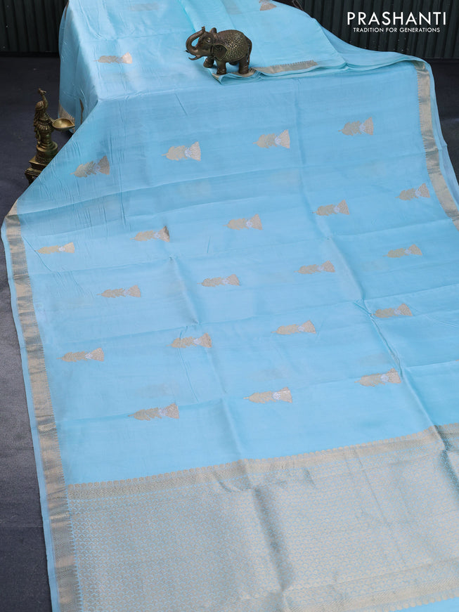 Pure banarasi katan silk saree light blue with zari woven floral buttas and zari woven border