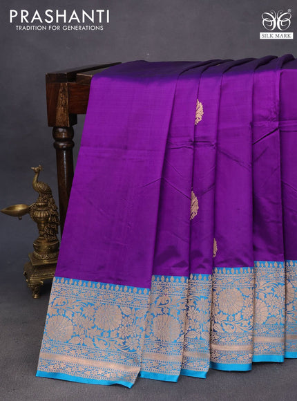 Pure banarasi katan silk saree violet and light blue with copper zari woven buttas and zari woven floral border